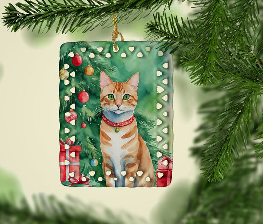 Arabian Mau Cat By the Christmas Tree Porcelain Ornament