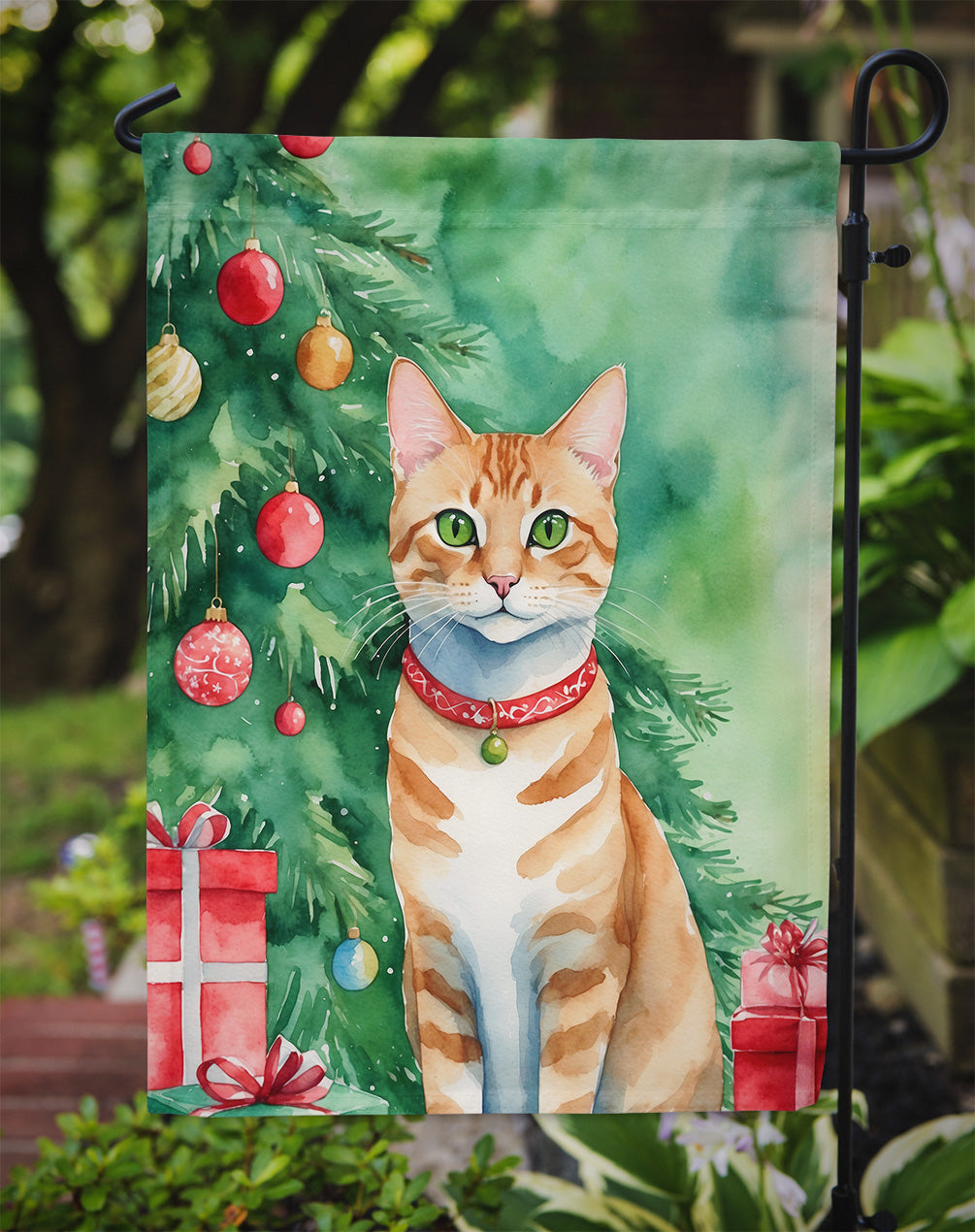 Arabian Mau Christmas Garden Flag - Cat by the Christmas Tree - Cat-Themed Holiday Yard Decor