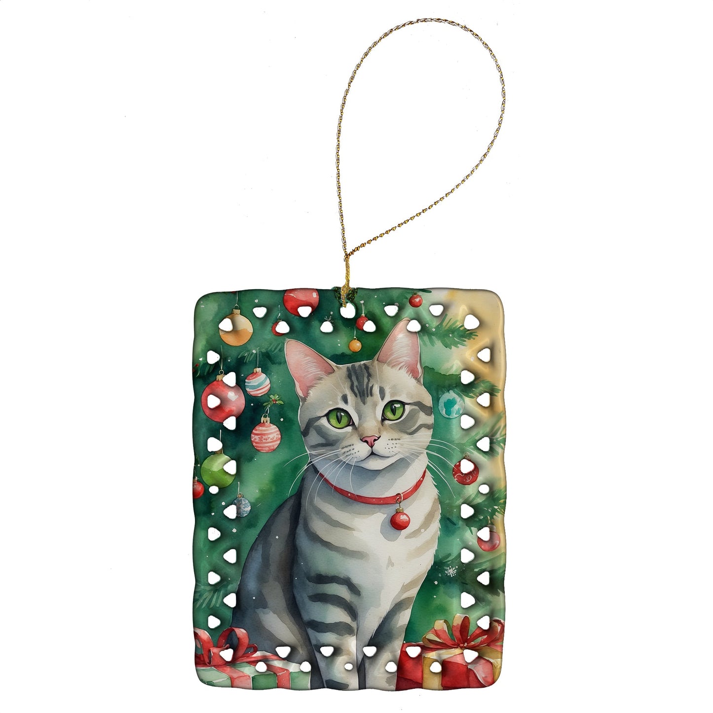 Asian Cat By the Christmas Tree Porcelain Ornament