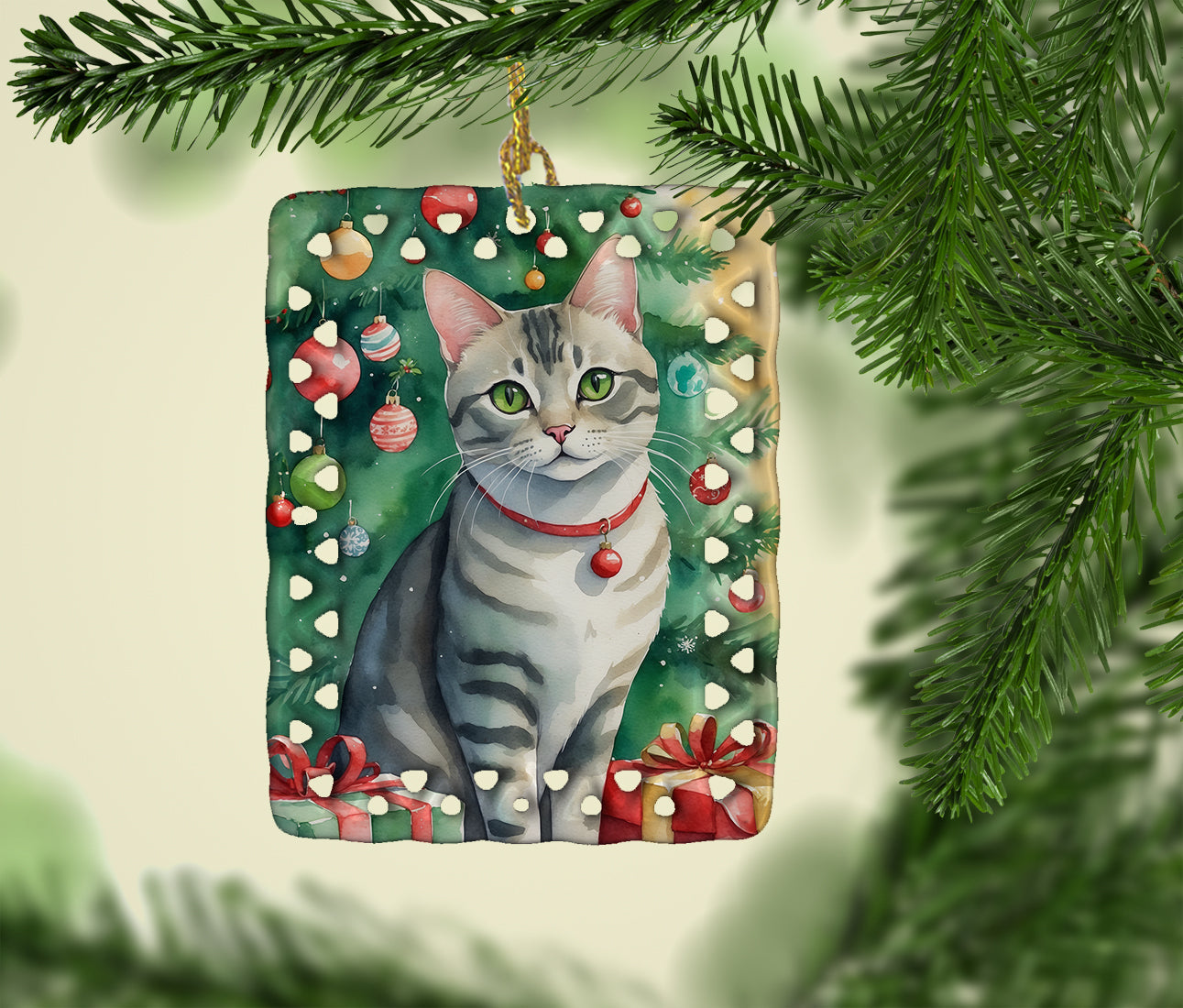 Asian Cat By the Christmas Tree Porcelain Ornament