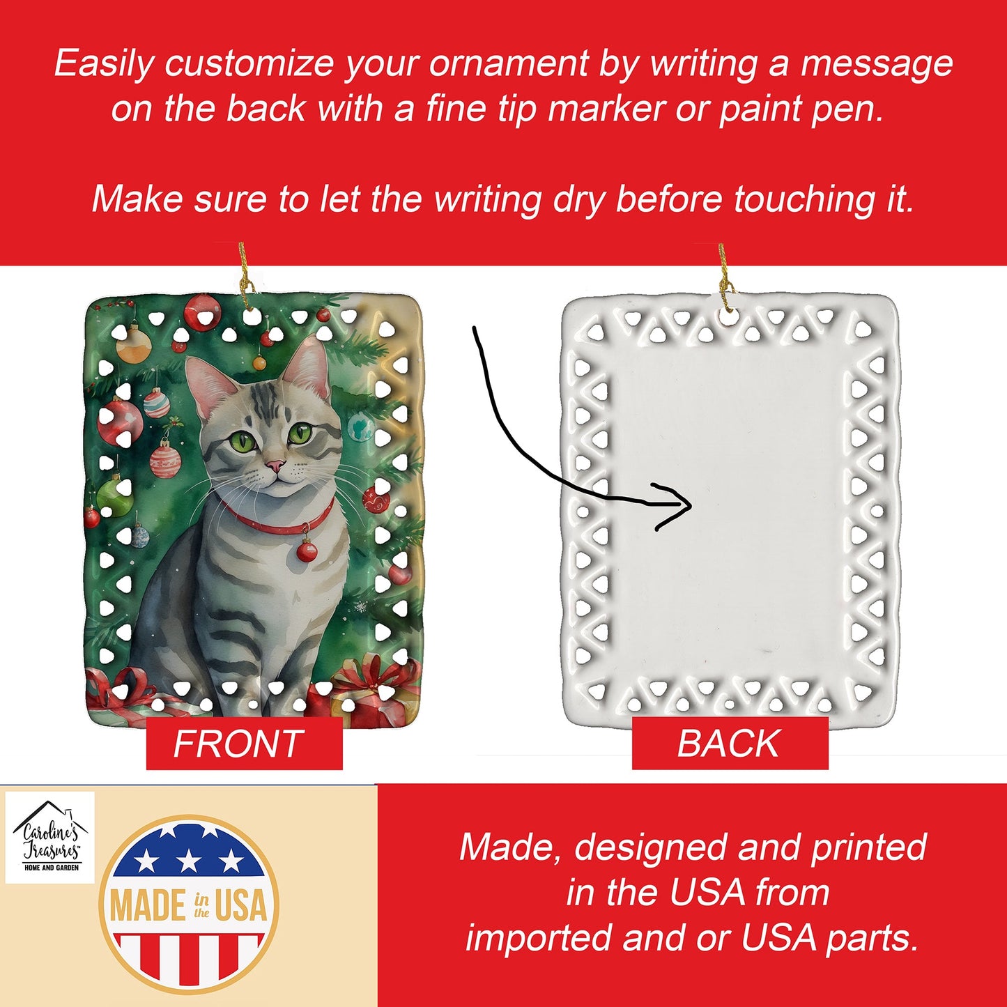 Asian Cat By the Christmas Tree Porcelain Ornament