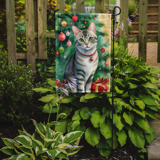 Asian Cat Christmas Garden Flag - Cat by the Christmas Tree - Cat-Themed Holiday Yard Decor