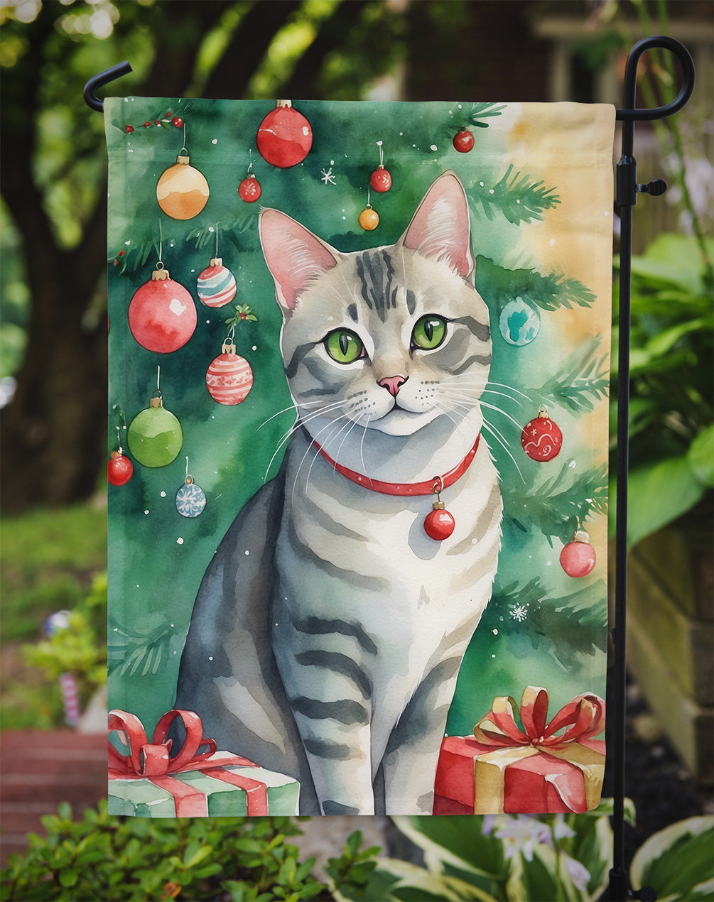 Asian Cat Christmas Garden Flag - Cat by the Christmas Tree - Cat-Themed Holiday Yard Decor