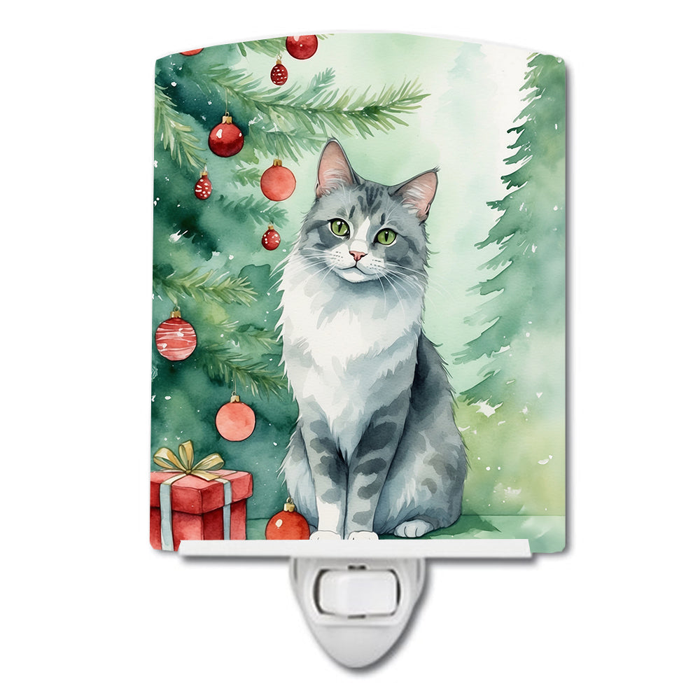 Australian Mist Cat By the Christmas Tree Ceramic Night Light