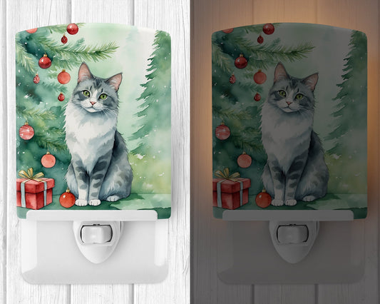 Australian Mist Cat By the Christmas Tree Ceramic Night Light