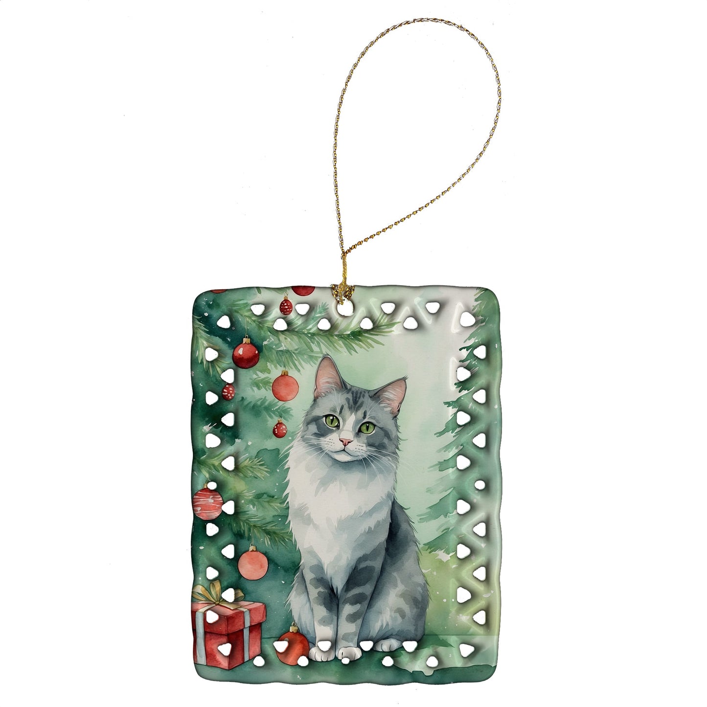 Australian Mist Cat By the Christmas Tree Porcelain Ornament