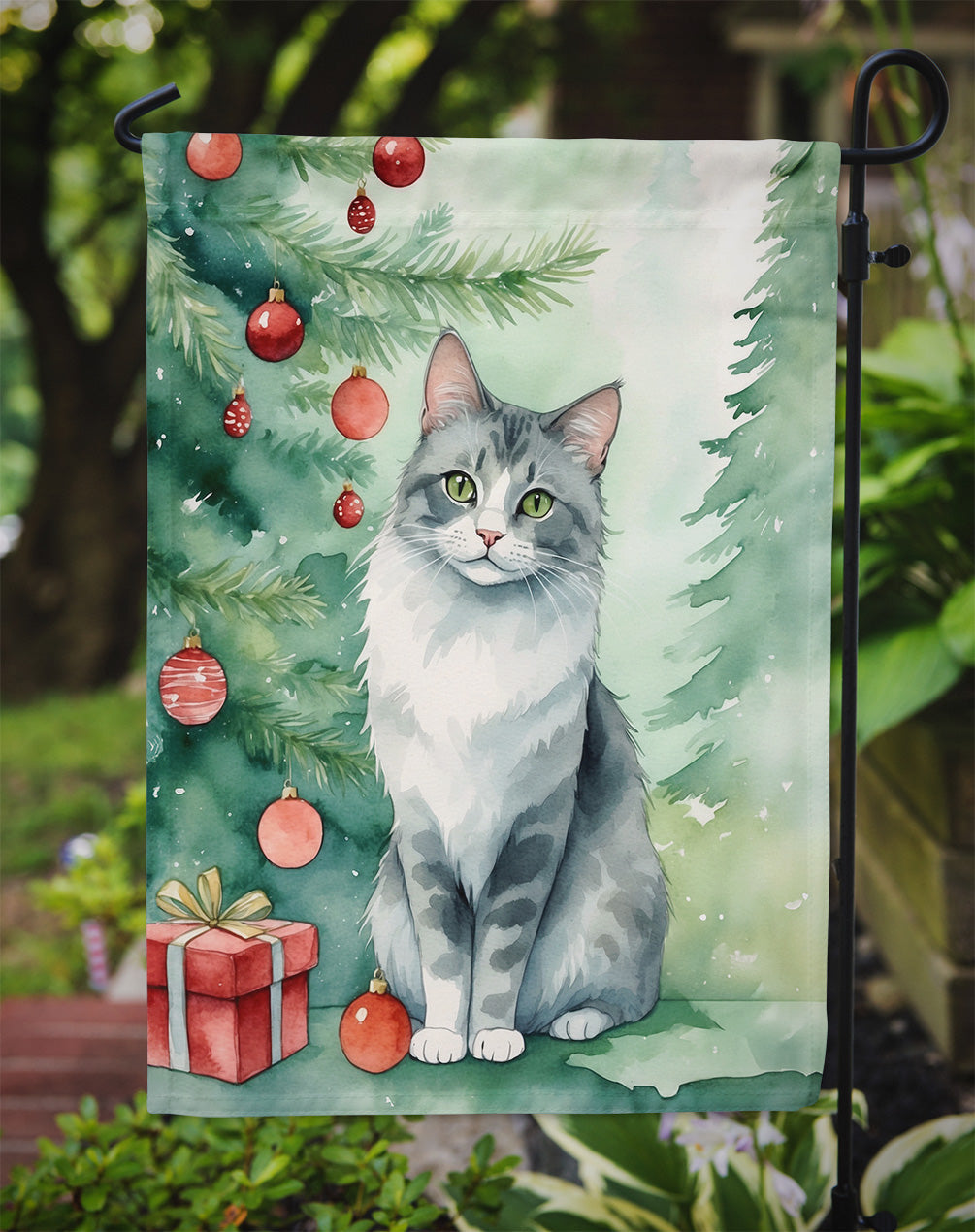 Australian Mist Cat Christmas Garden Flag - Cat by the Christmas Tree - Cat-Themed Holiday Yard Decor