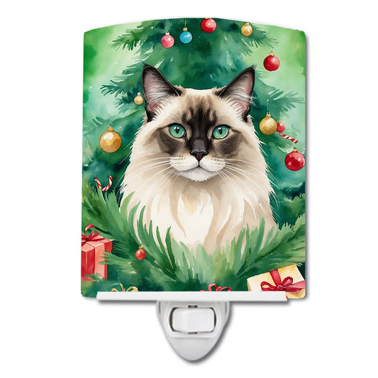Balinese Cat By the Christmas Tree Ceramic Night Light