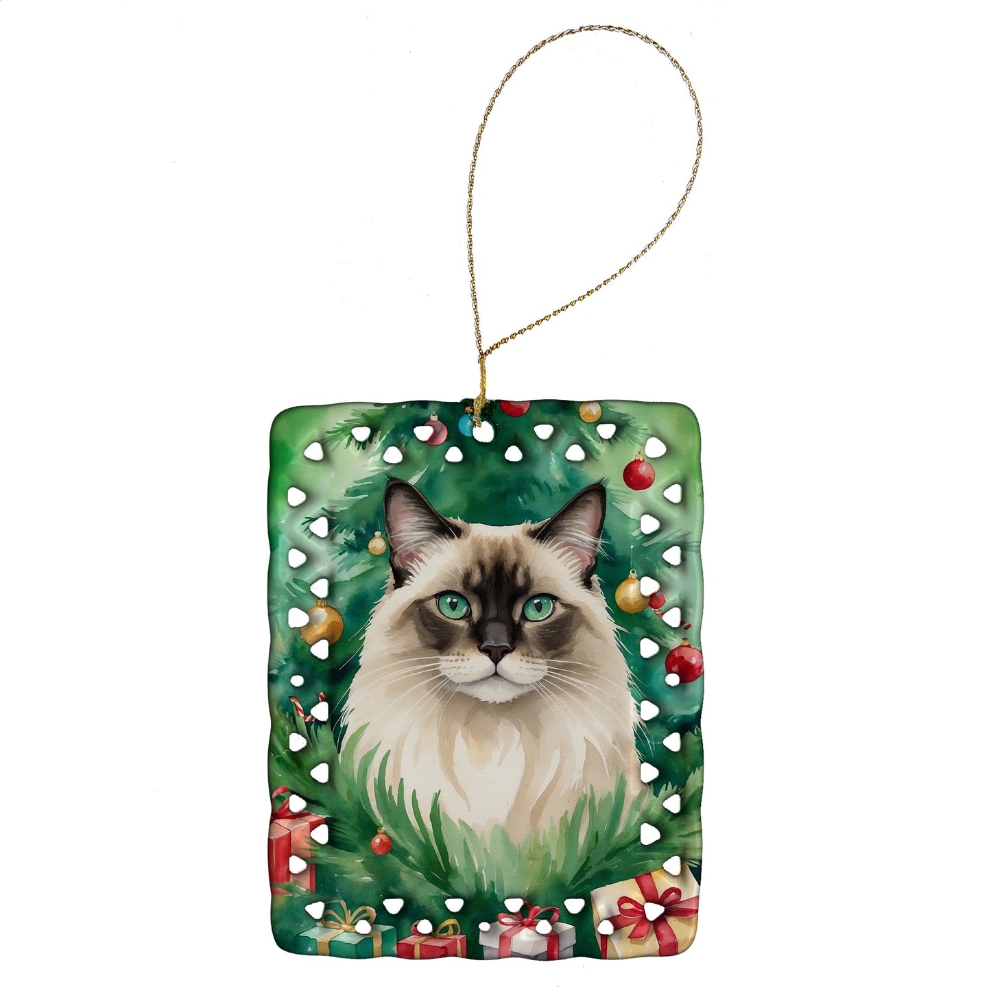 Balinese Cat By the Christmas Tree Porcelain Ornament