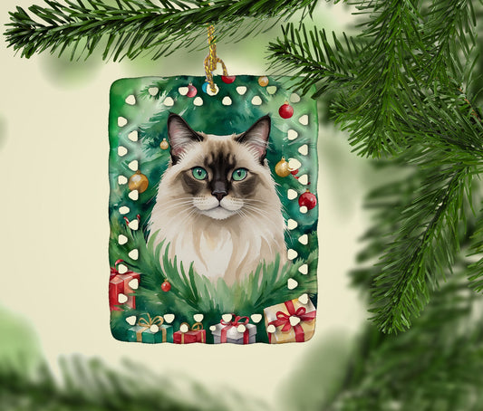 Balinese Cat By the Christmas Tree Porcelain Ornament