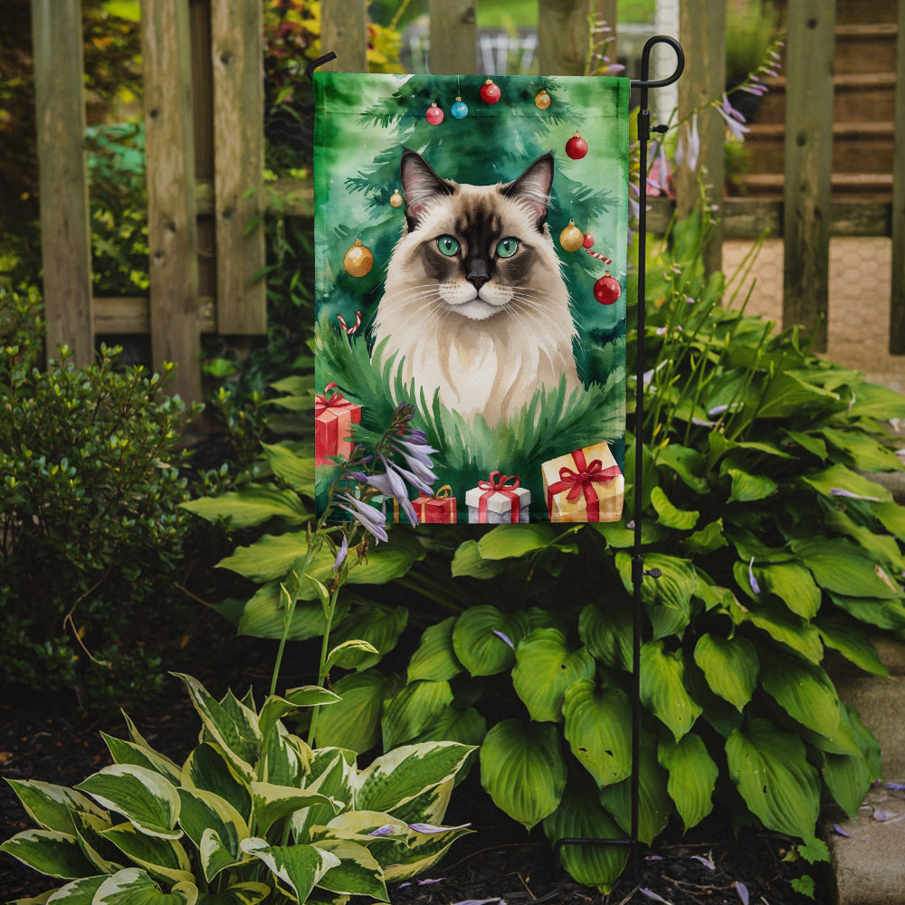 Balinese Christmas Garden Flag - Cat by the Christmas Tree - Cat-Themed Holiday Yard Decor