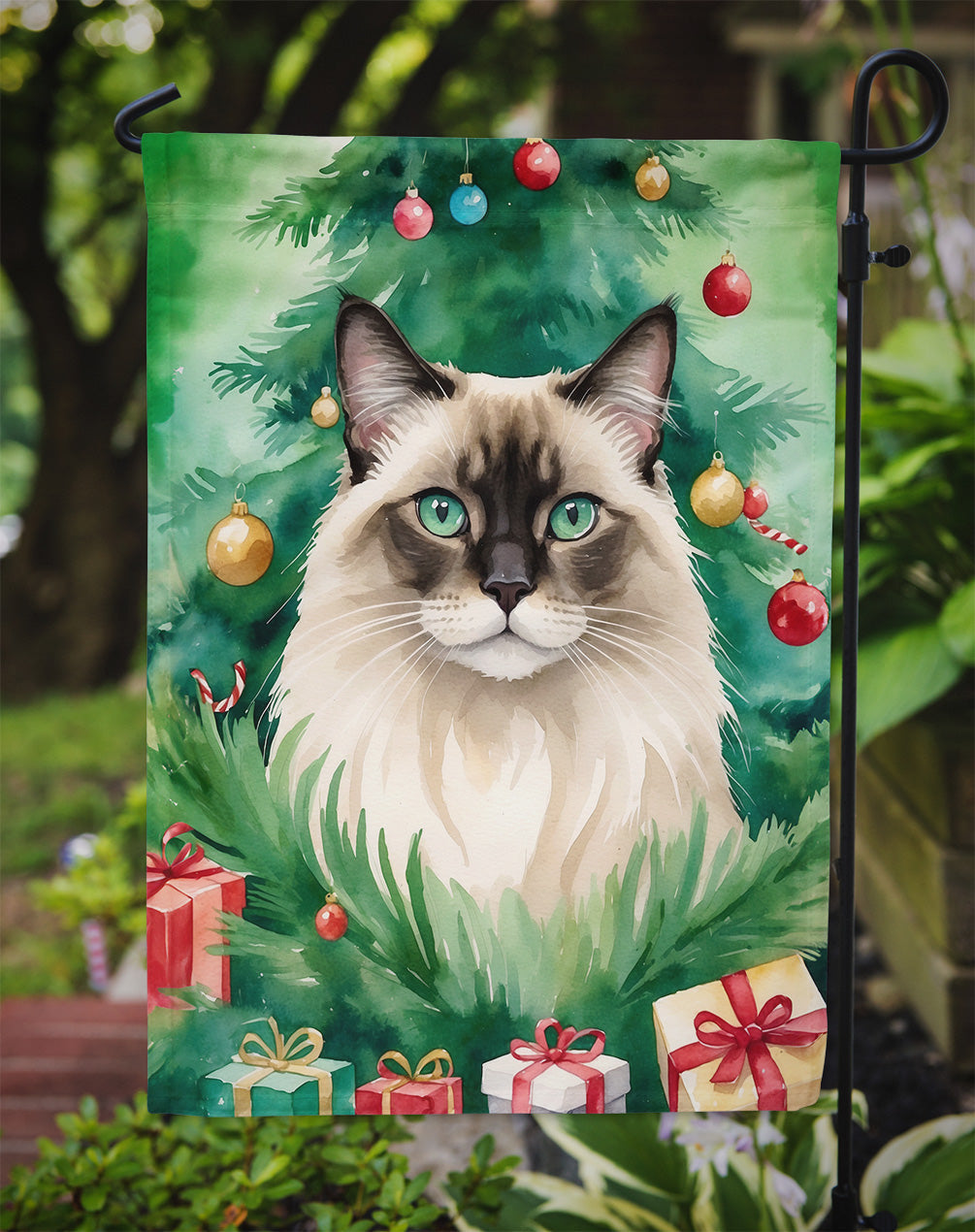 Balinese Christmas Garden Flag - Cat by the Christmas Tree - Cat-Themed Holiday Yard Decor