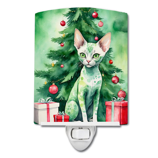 Devon Rex Cat By the Christmas Tree Ceramic Night Light