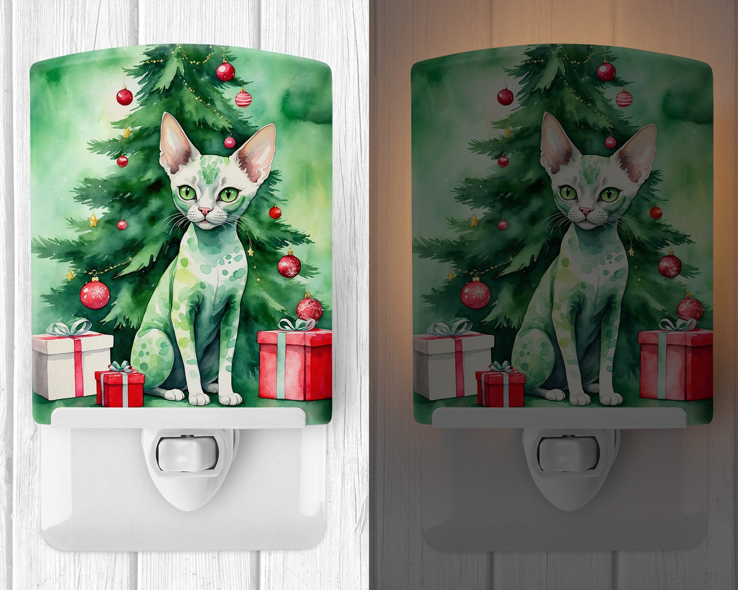 Devon Rex Cat By the Christmas Tree Ceramic Night Light