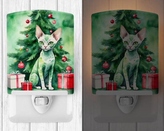 Devon Rex Cat By the Christmas Tree Ceramic Night Light
