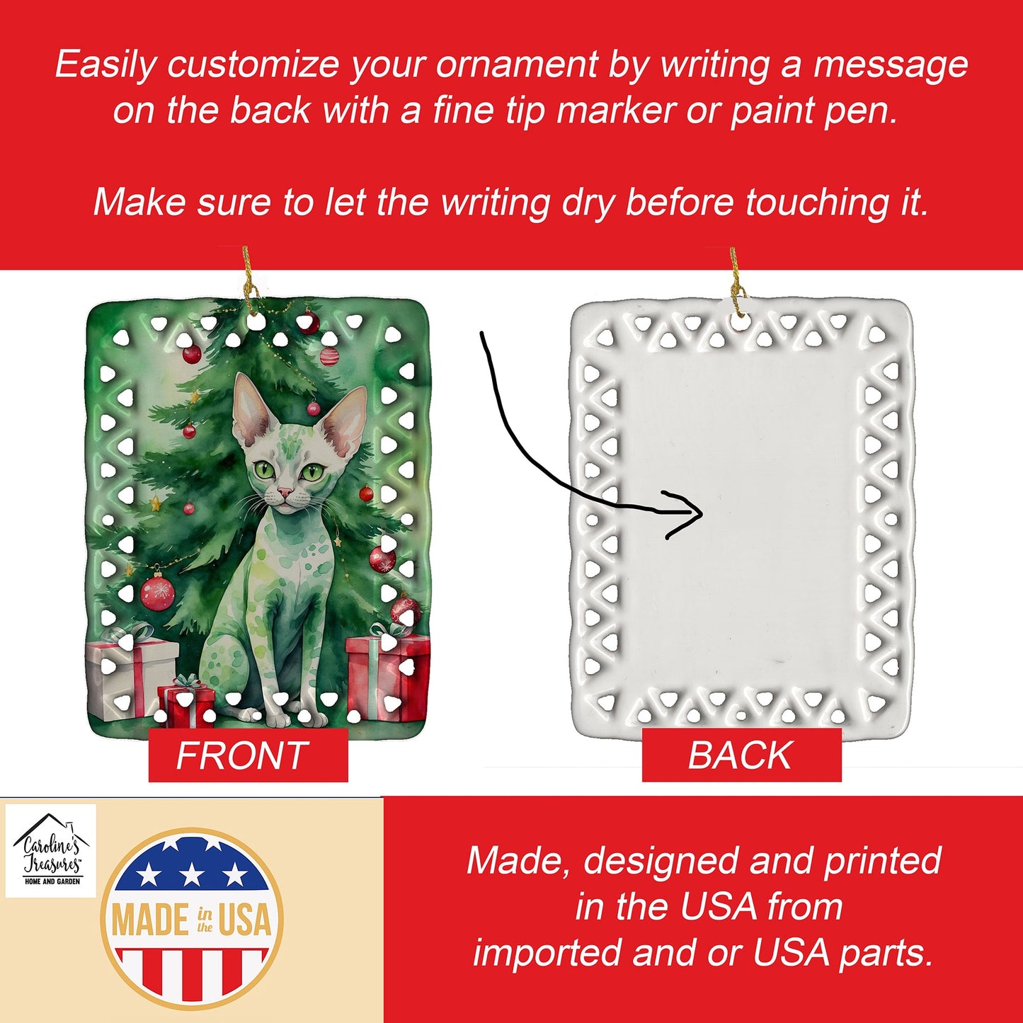 Devon Rex Cat By the Christmas Tree Porcelain Ornament