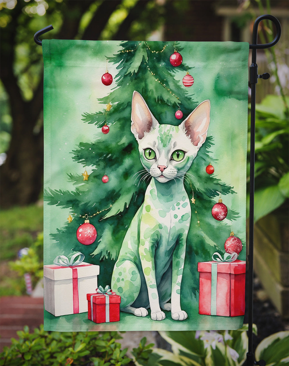 Devon Rex Christmas Garden Flag - Cat by the Christmas Tree - Cat-Themed Holiday Yard Decor