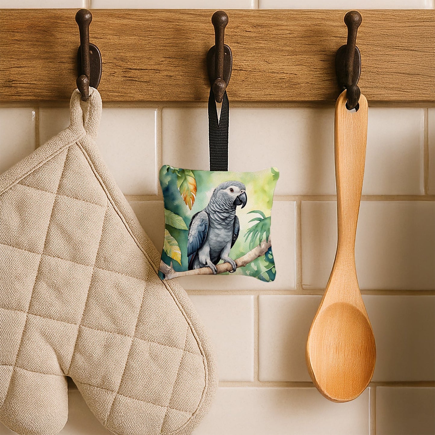 African Grey Parrot Hanging Square Fabric Ornament 3.5 × 3.5