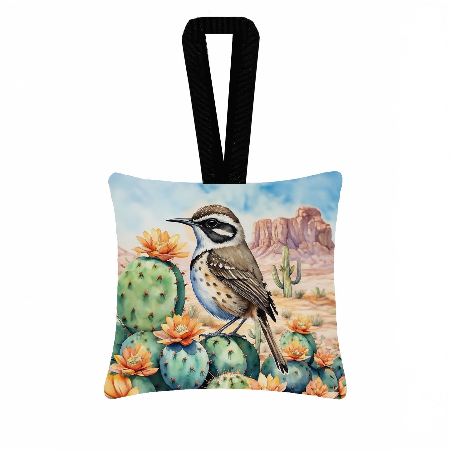 Arizona Cactus Wren Hanging Square Fabric Ornament 3.5 × 3.5
