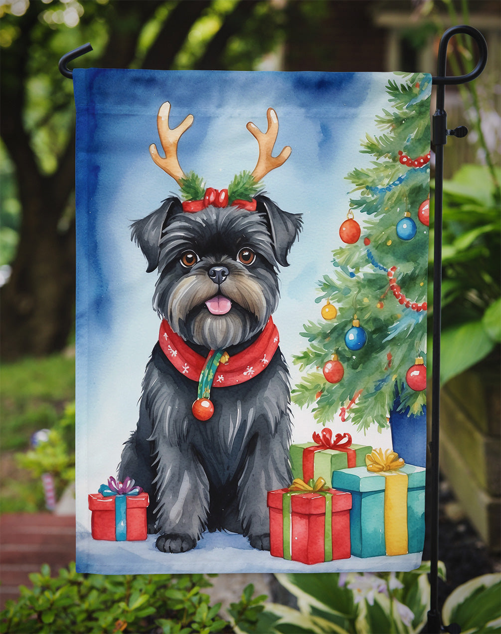 Affenpinscher Christmas Garden Flag – Dog in Reindeer Antlers with Tree & Gifts