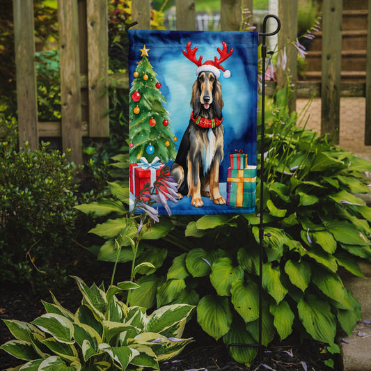 Afghan Hound Christmas Garden Flag – Dog in Reindeer Antlers with Tree & Gifts