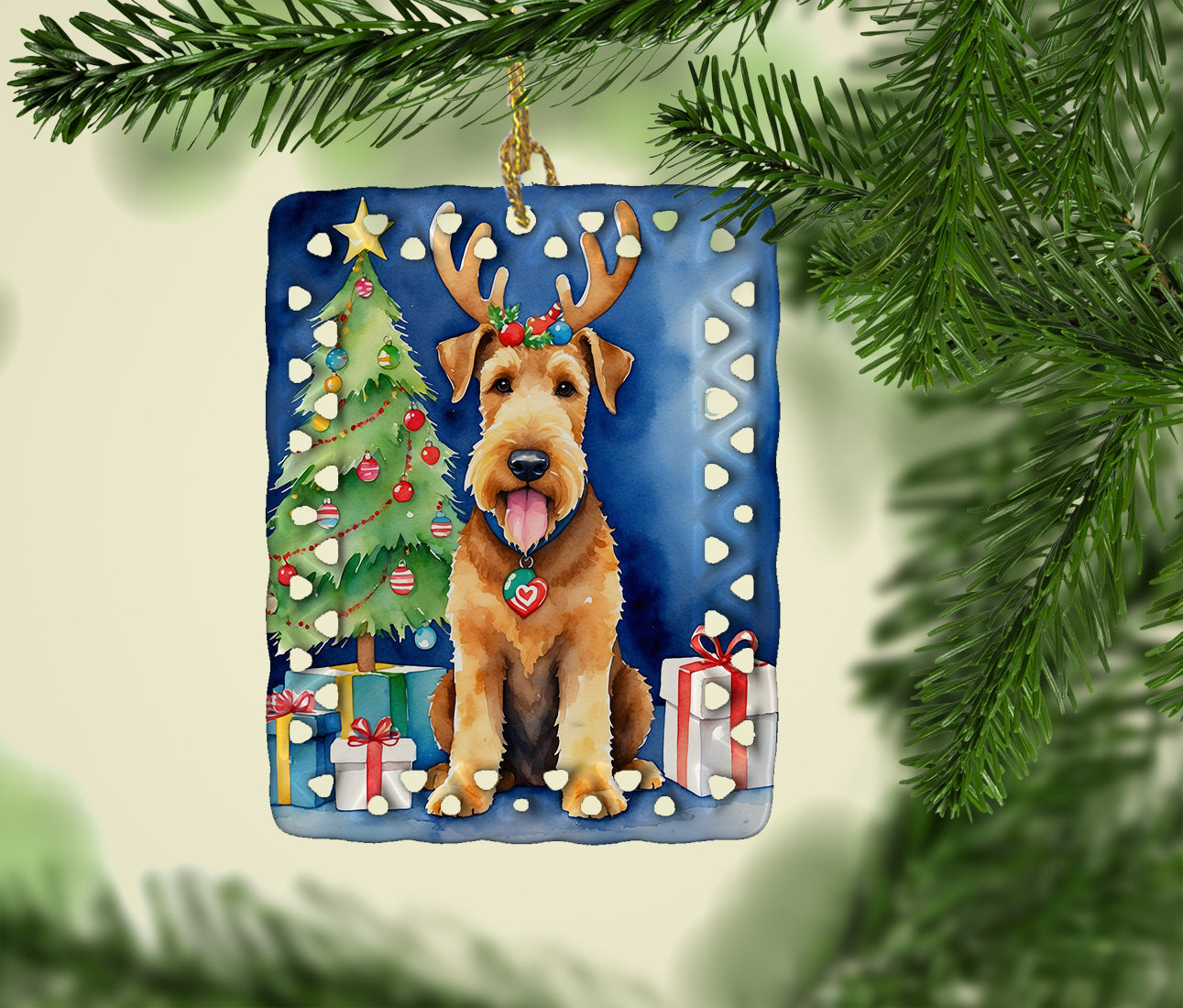 Airedale Terrier Christmas Reindeer Porcelain Ornament