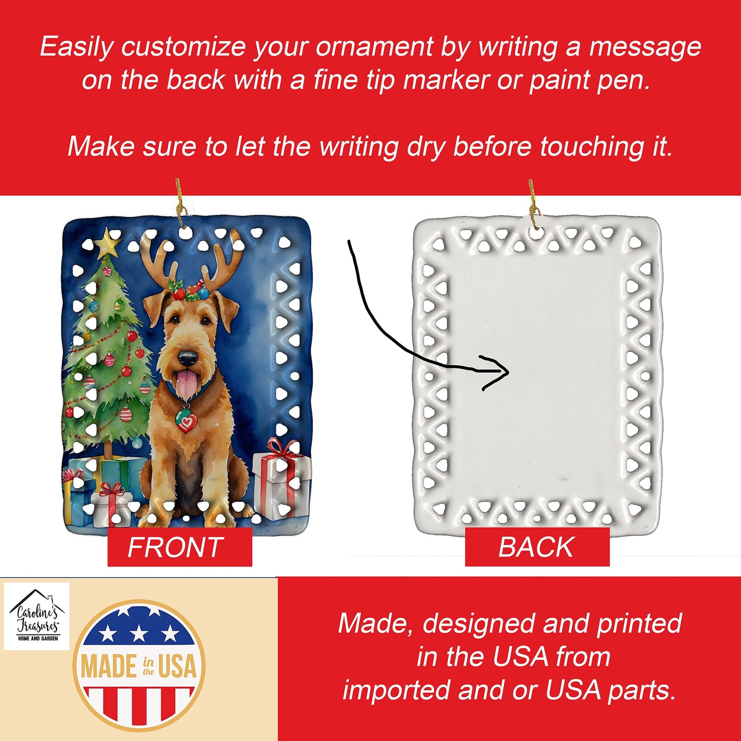 Airedale Terrier Christmas Reindeer Porcelain Ornament