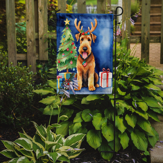 Airedale Terrier Christmas Garden Flag – Dog in Reindeer Antlers with Tree & Gifts