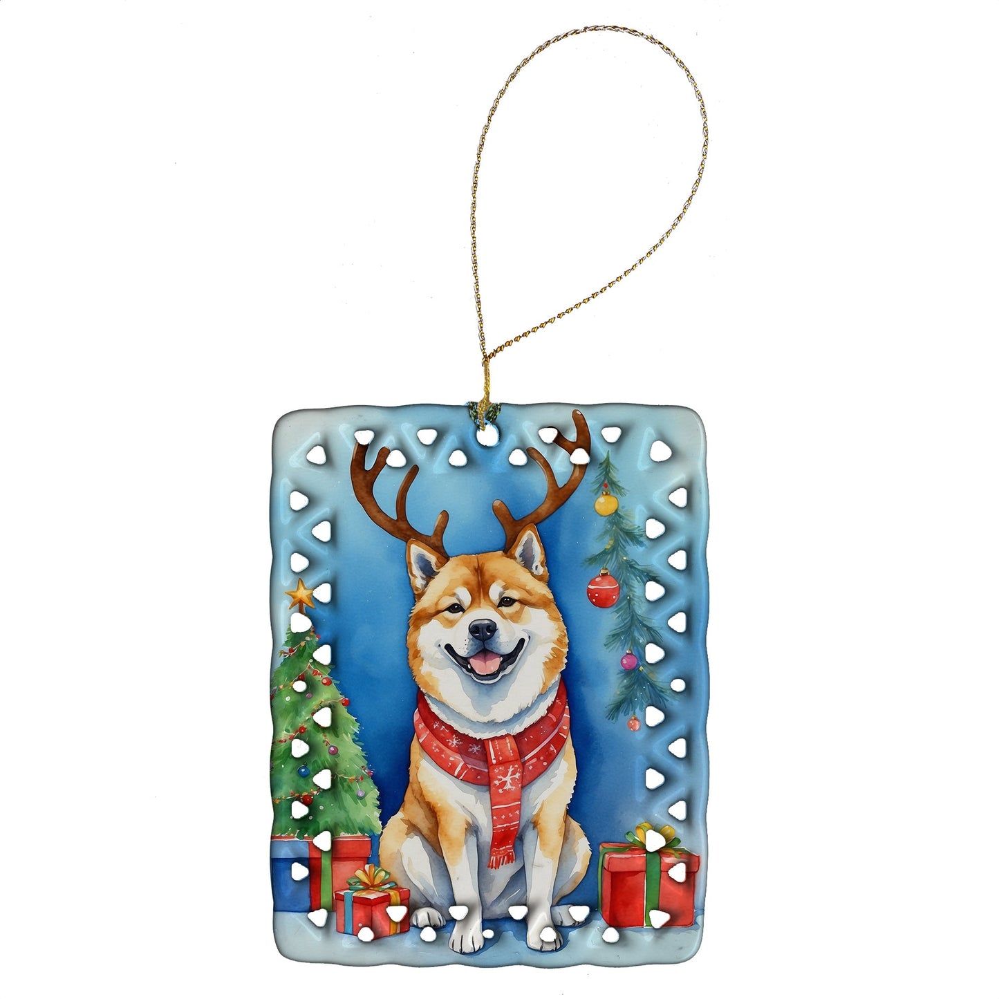 Akita Christmas Reindeer Porcelain Ornament