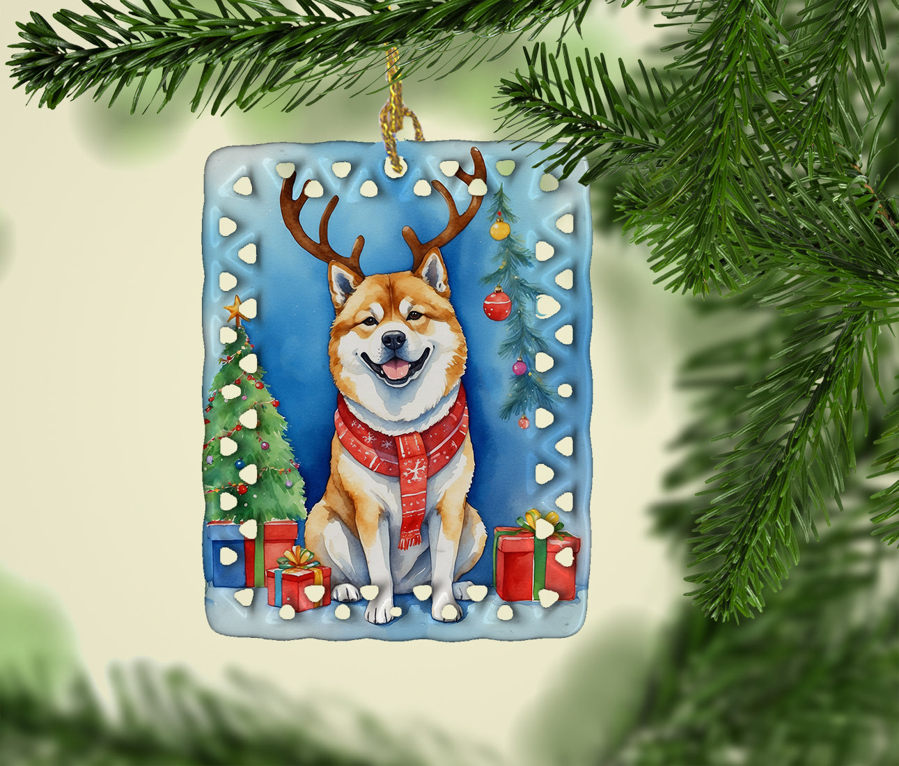 Akita Christmas Reindeer Porcelain Ornament