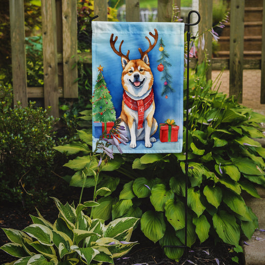 Akita Christmas Garden Flag – Dog in Reindeer Antlers with Tree & Gifts