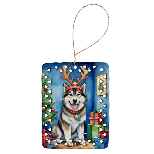 Alaskan Malamute Christmas Reindeer Porcelain Ornament