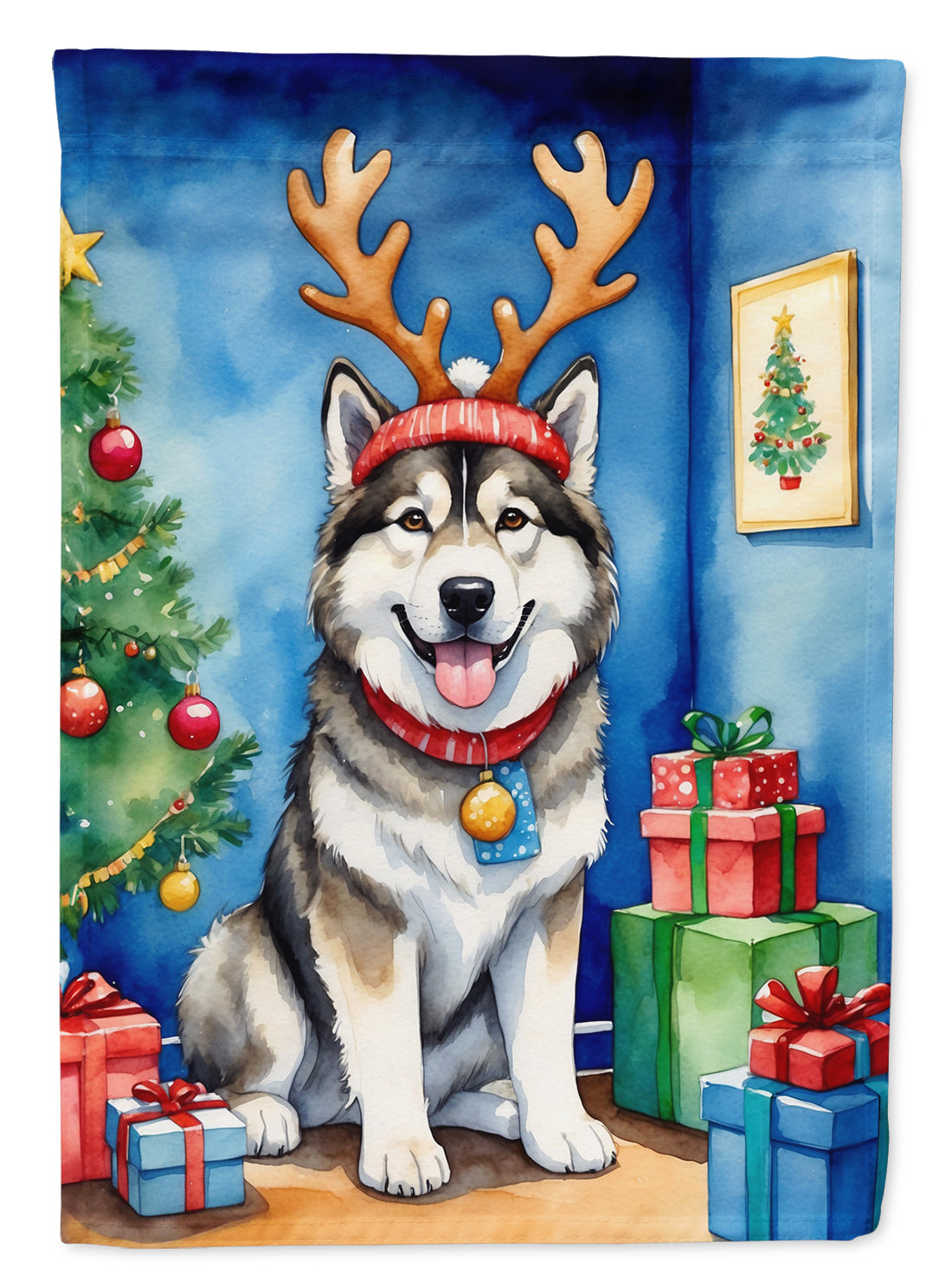 Alaskan Malamute Christmas Garden Flag – Dog in Reindeer Antlers with Tree & Gifts