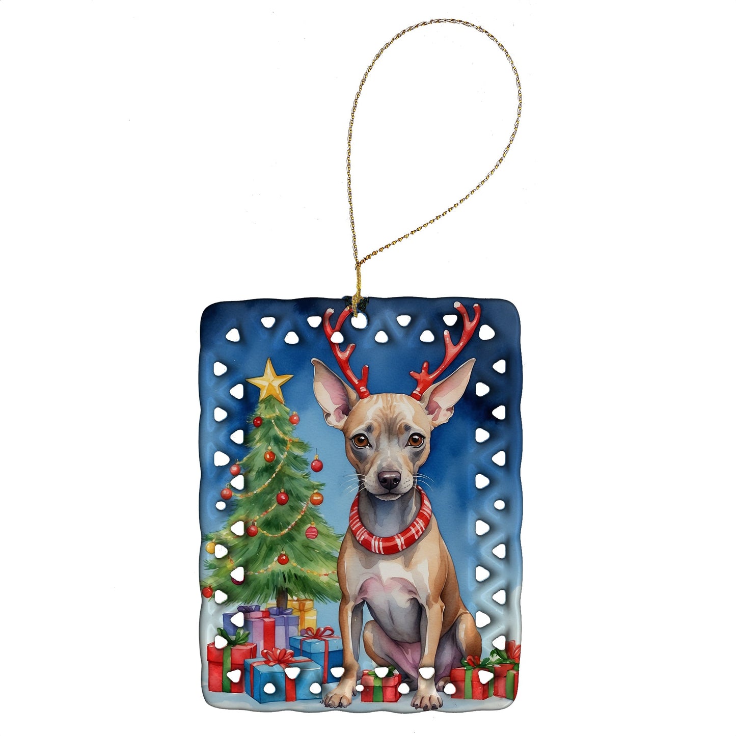 American Hairless Terrier Christmas Reindeer Porcelain Ornament