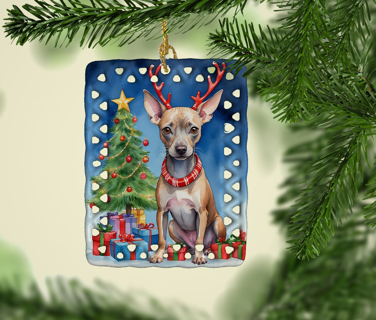 American Hairless Terrier Christmas Reindeer Porcelain Ornament