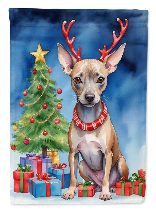 American Hairless Terrier Christmas Garden Flag – Dog in Reindeer Antlers with Tree & Gifts