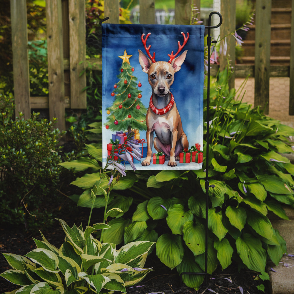American Hairless Terrier Christmas Garden Flag – Dog in Reindeer Antlers with Tree & Gifts