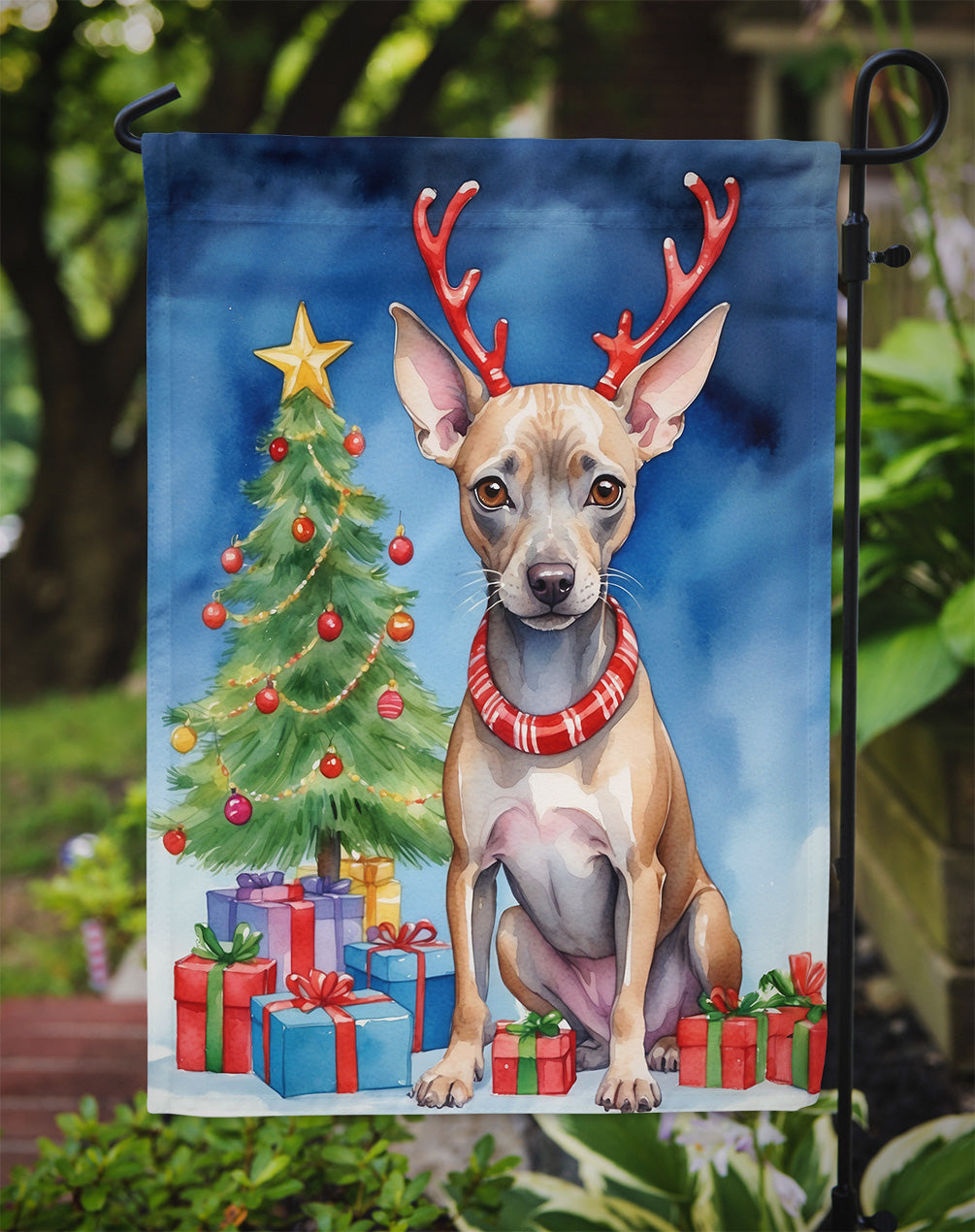American Hairless Terrier Christmas Garden Flag – Dog in Reindeer Antlers with Tree & Gifts