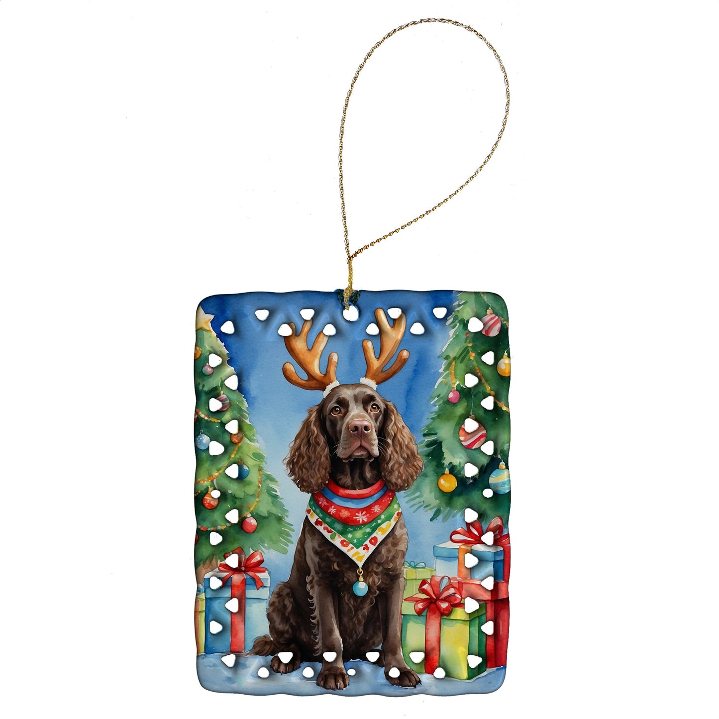 American Water Spaniel Christmas Reindeer Porcelain Ornament