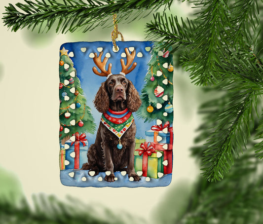 American Water Spaniel Christmas Reindeer Porcelain Ornament
