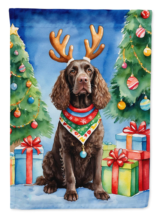 American Water Spaniel Christmas Garden Flag – Dog in Reindeer Antlers with Tree & Gifts