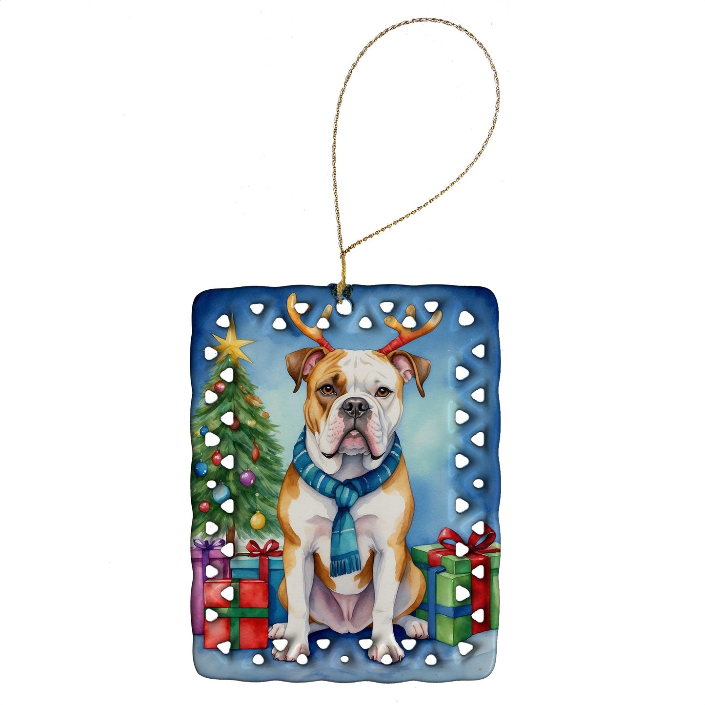 American Bulldog Christmas Reindeer Porcelain Ornament