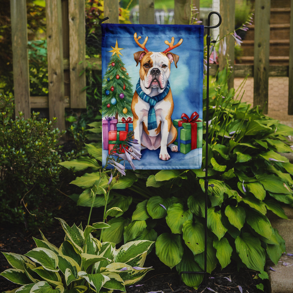 American Bulldog Christmas Garden Flag – Dog in Reindeer Antlers with Tree & Gifts