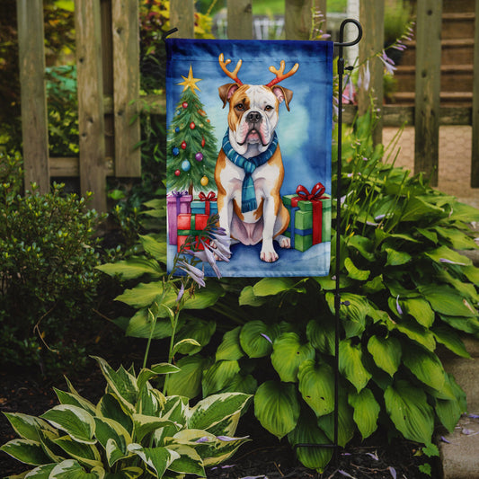 American Bulldog Christmas Garden Flag – Dog in Reindeer Antlers with Tree & Gifts