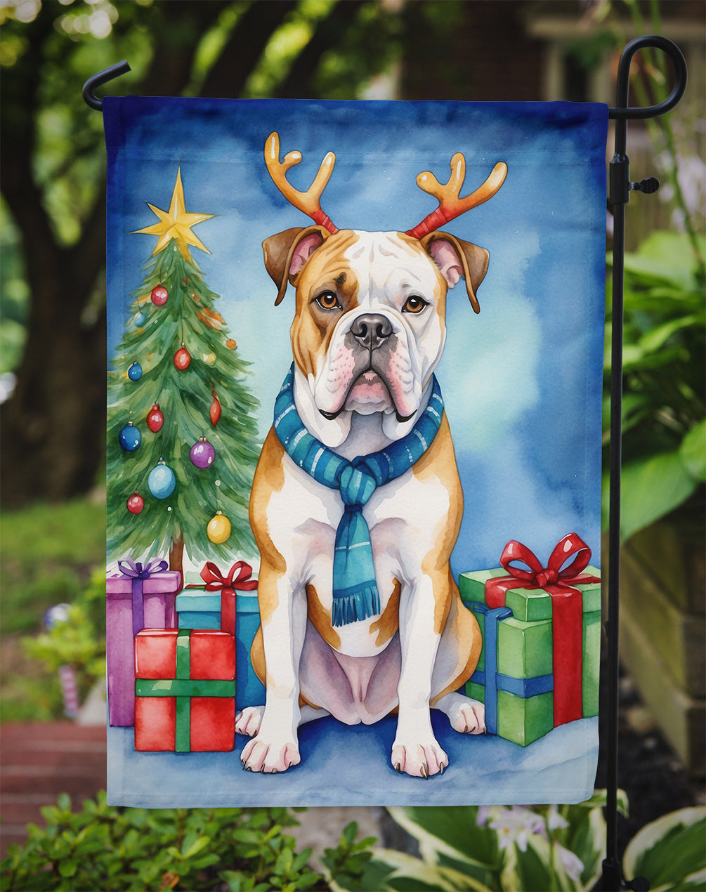 American Bulldog Christmas Garden Flag – Dog in Reindeer Antlers with Tree & Gifts