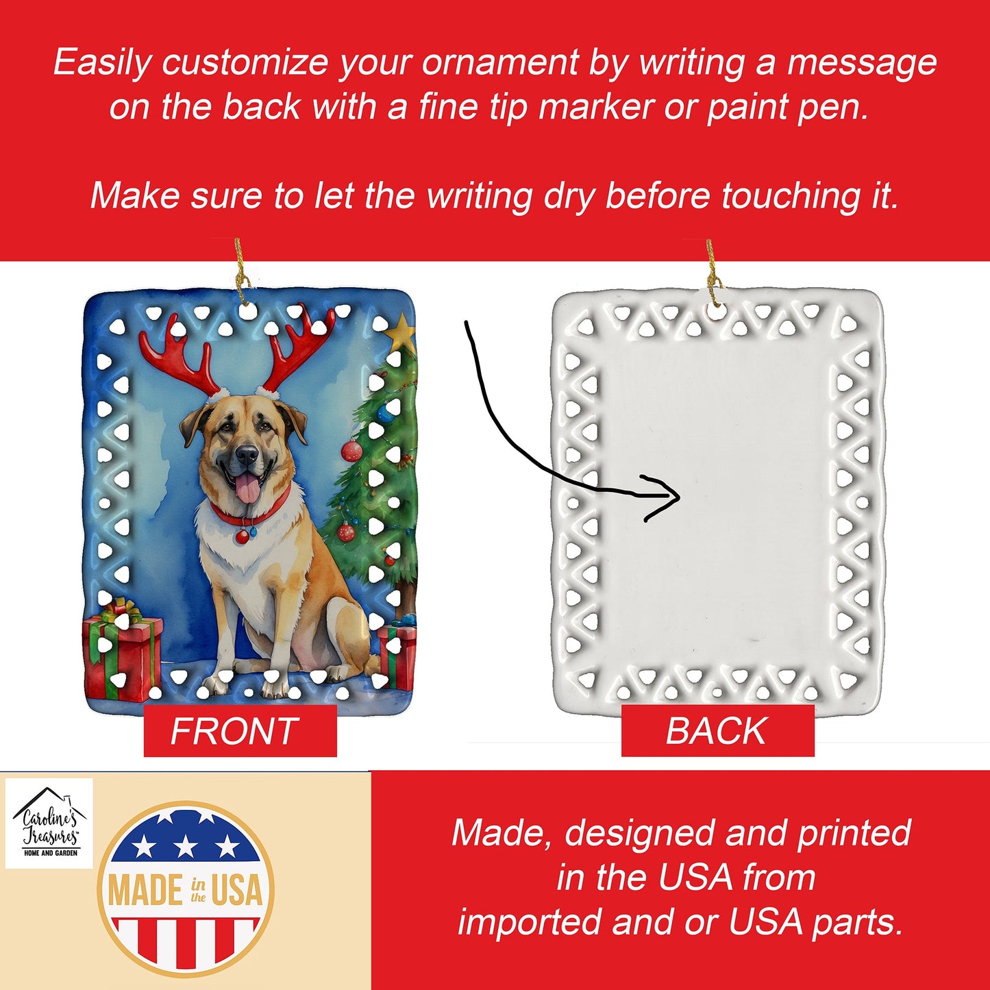 Anatolian Shepherd Dog Christmas Reindeer Porcelain Ornament