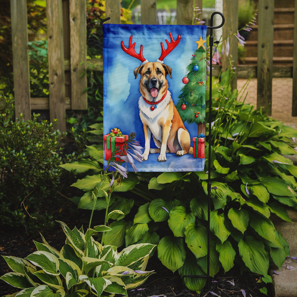 Anatolian Shepherd Dog Christmas Garden Flag – Dog in Reindeer Antlers with Tree & Gifts