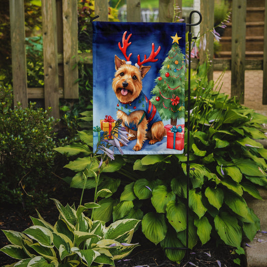 Australian Terrier Christmas Garden Flag – Dog in Reindeer Antlers with Tree & Gifts