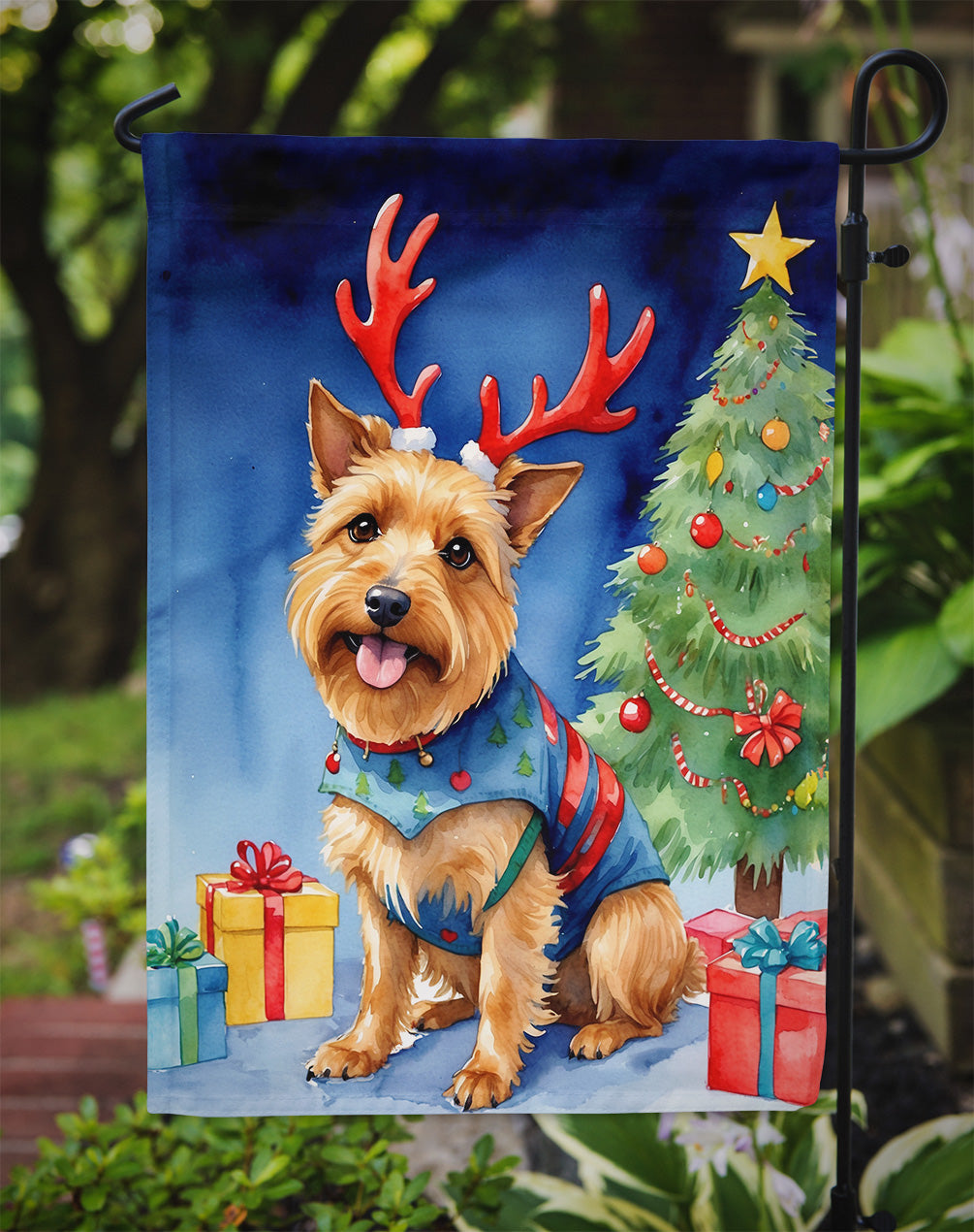 Australian Terrier Christmas Garden Flag – Dog in Reindeer Antlers with Tree & Gifts