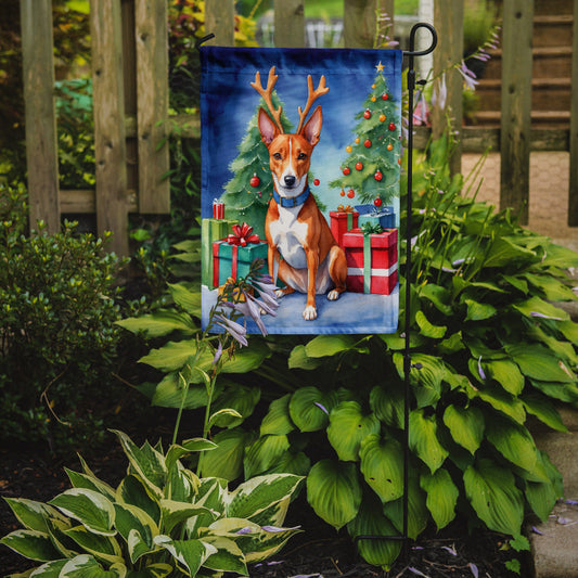 Basenji Christmas Garden Flag – Dog in Reindeer Antlers with Tree & Gifts